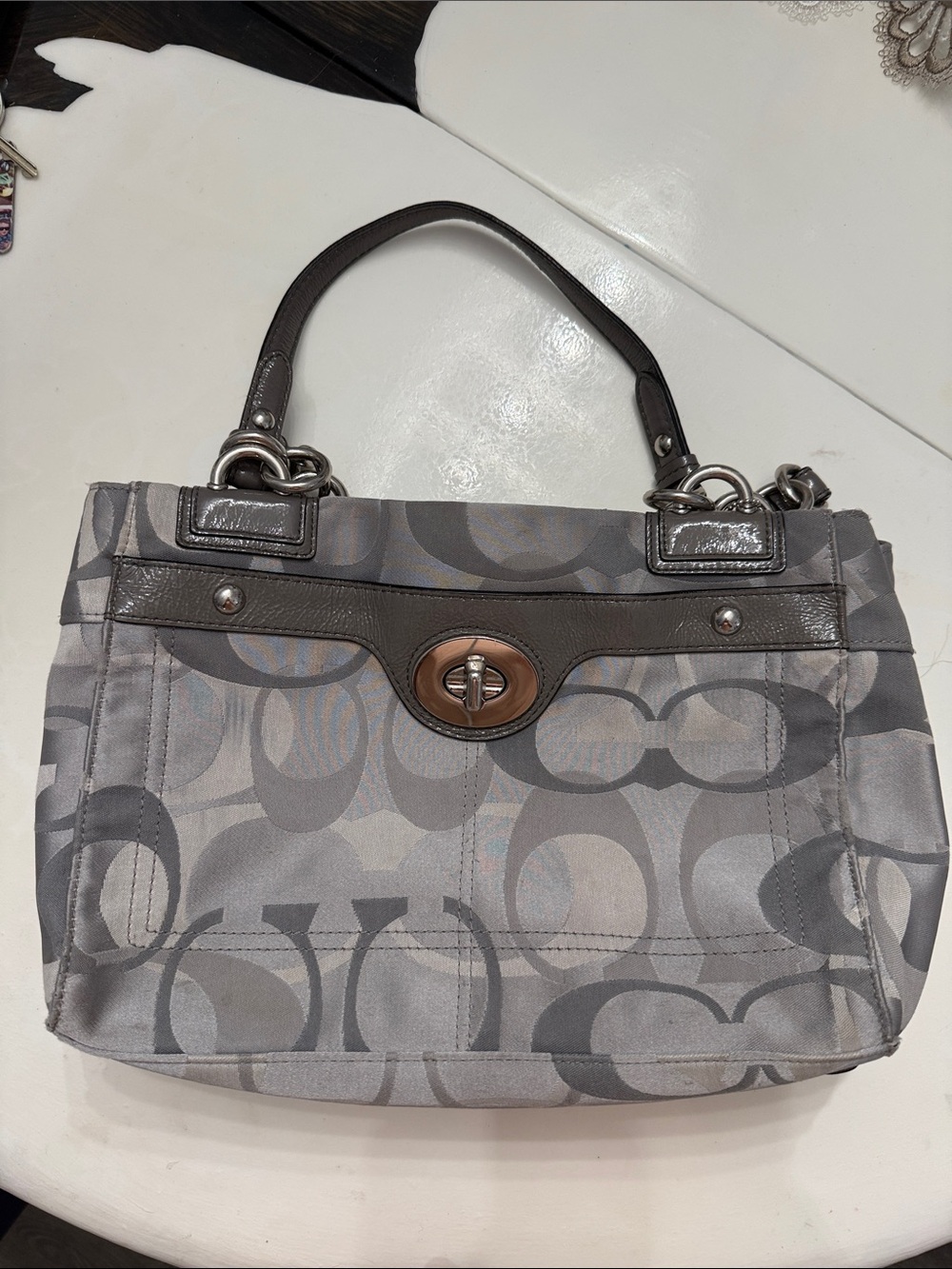 Coach Penelope F17140 Optic Signature Jacquard Shoulder Bag Gray Silver clasp